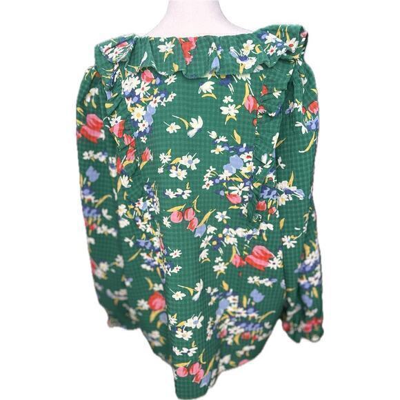 LOFT Top Green Floral Ruffle Bouquet Tie‎ Neck Blouse Gingham size XXLP Petite - Picture 2 of 8